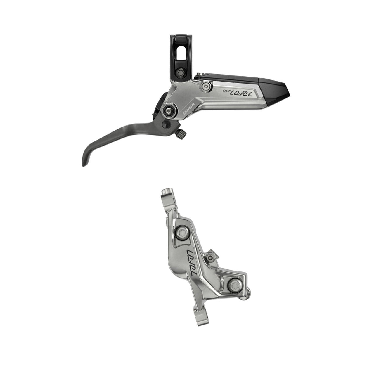 Pari SRAM LEVEL ULTIMATE STEALTH 4-mäntäisiä Silver-jarruja.