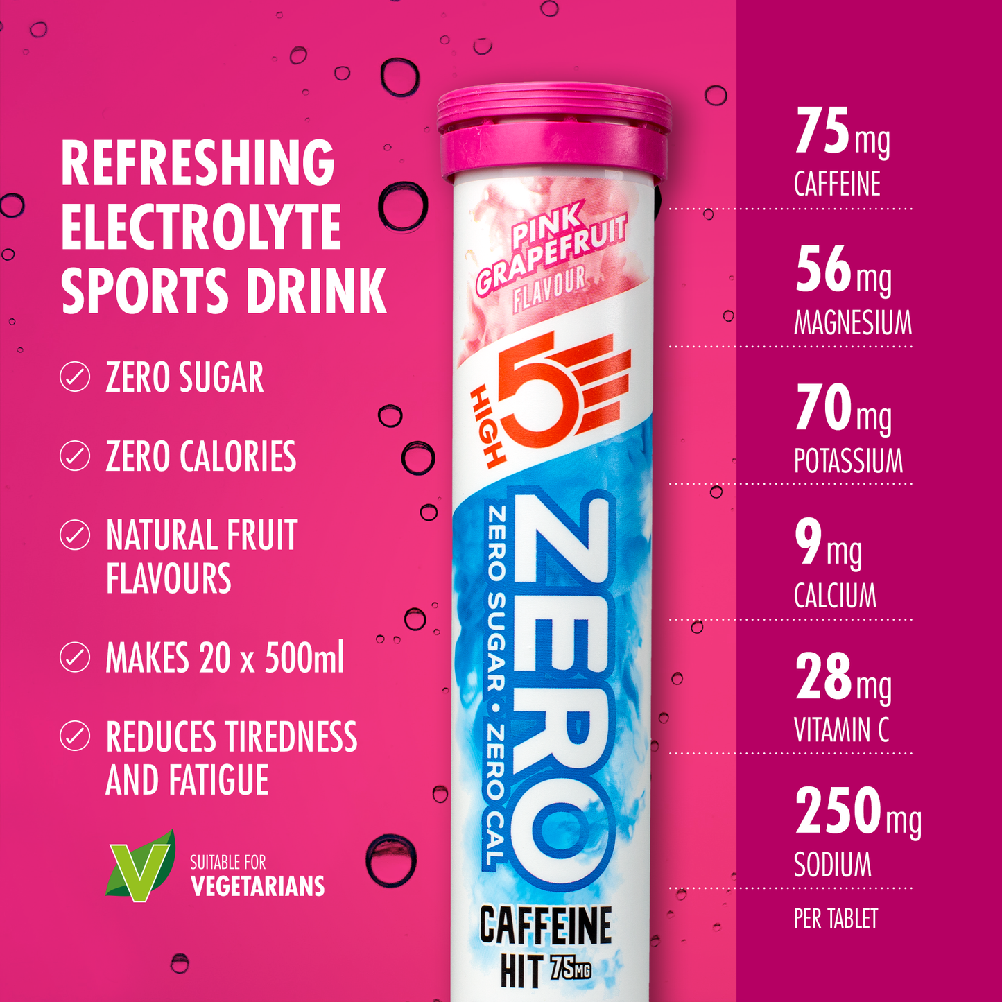 Elektrolyytti nesteytystabletit HIGH5 ZERO kofeiini (x20) Pink Grapefruit - vaaleanpunainen greippi