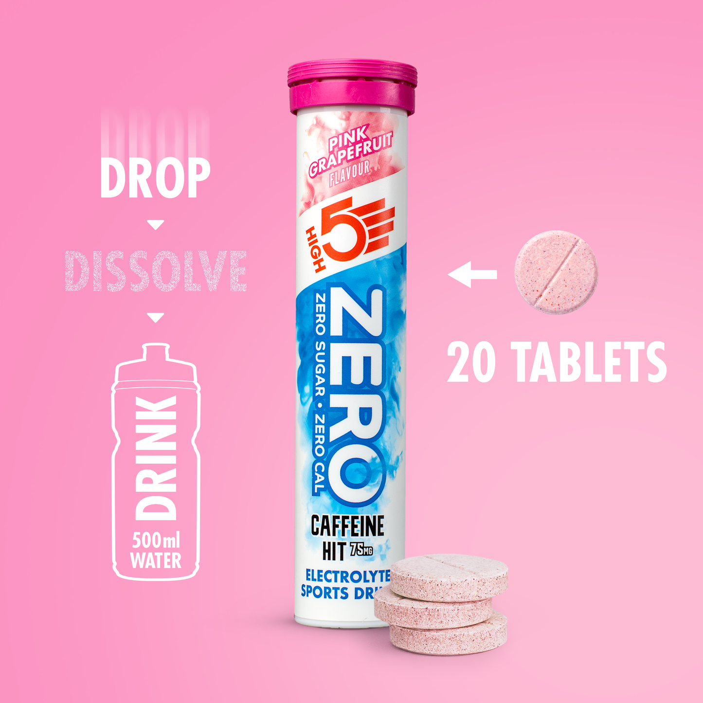 Elektrolyytti nesteytystabletit HIGH5 ZERO kofeiini (x20) Pink Grapefruit - vaaleanpunainen greippi