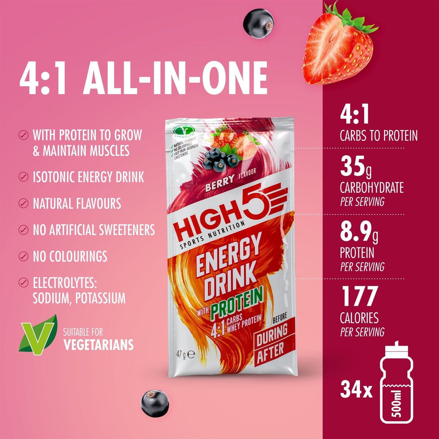 Energiajuoma HIGH5 ENERGIAJUOMA PROTEIINI (47g) Punainen hedelmä (47g)