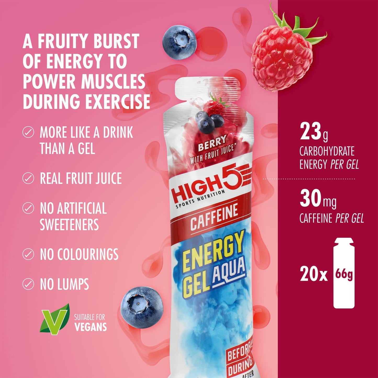 High5 ENERGY GEL Aqua Kofeiini (66g) Punaiset hedelmät (66g)
