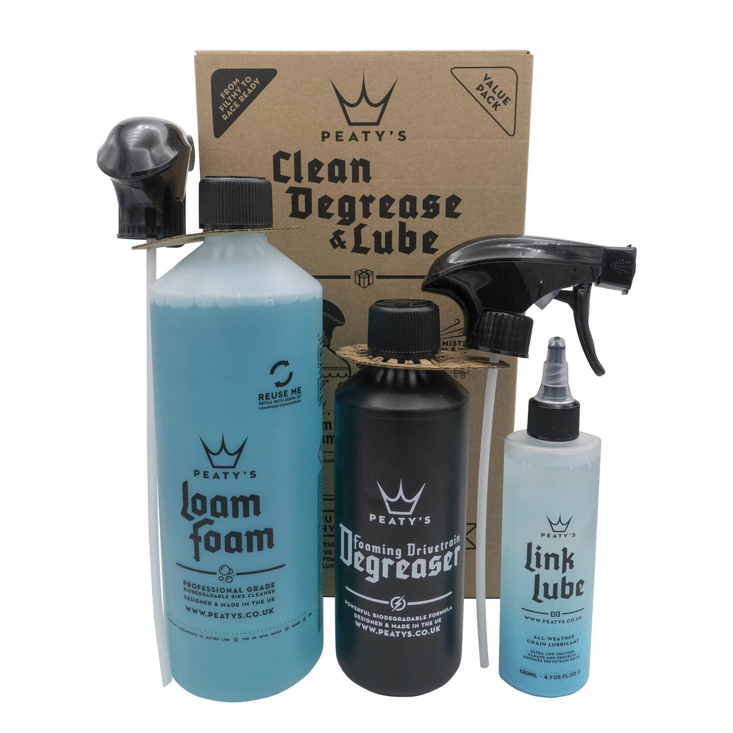 Huoltopakkaus PEATY'S WASH DEGREASE LUBRICATE STARTER PACK (käynnistyspakkaus)