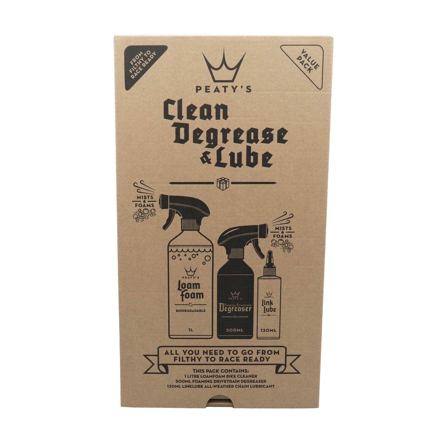 Huoltopakkaus PEATY'S WASH DEGREASE LUBRICATE STARTER PACK (käynnistyspakkaus)