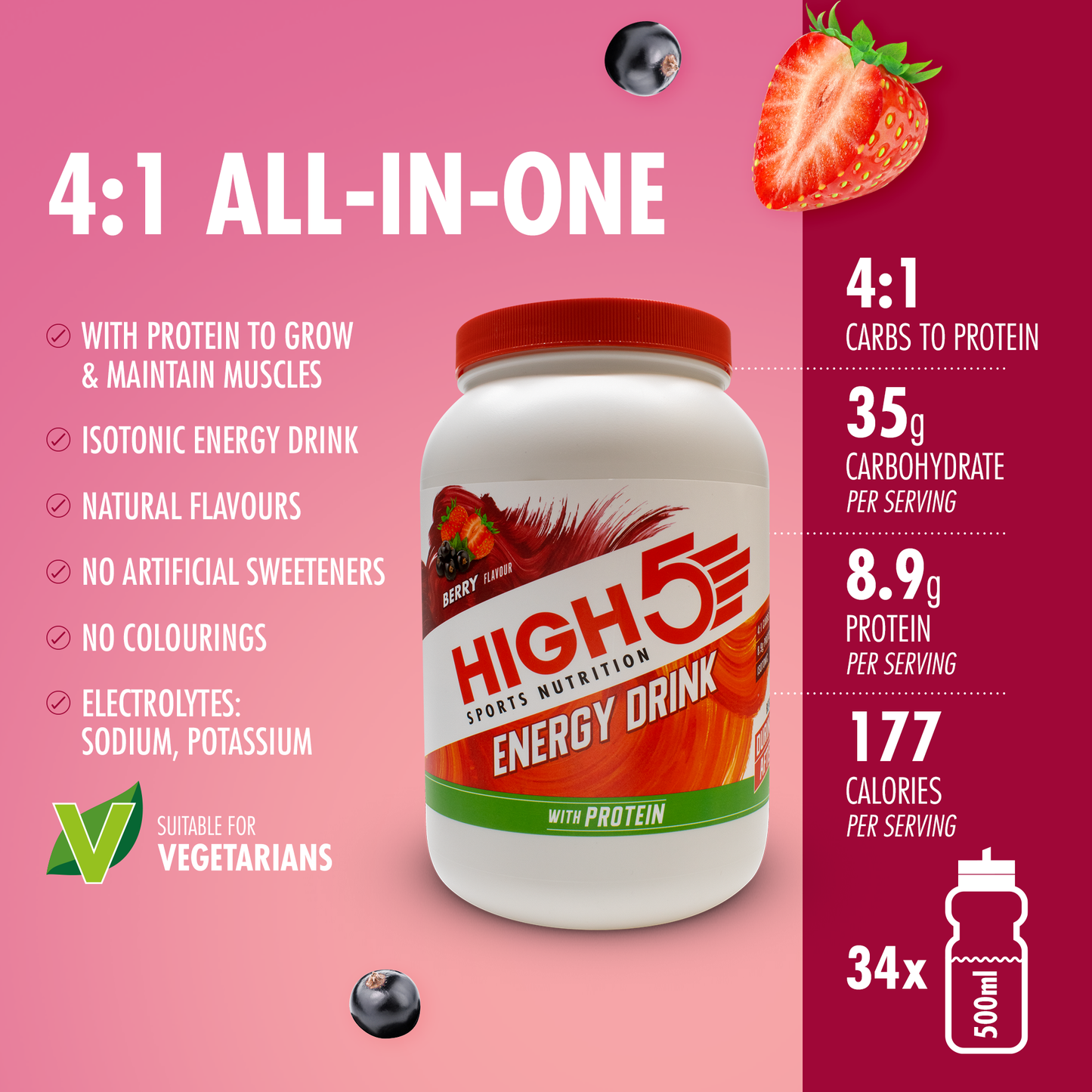 Energiajuoma HIGH5 ENERGIAJUOMA PROTEIINI (1.6kg) Punainen hedelmä (1.6kg)