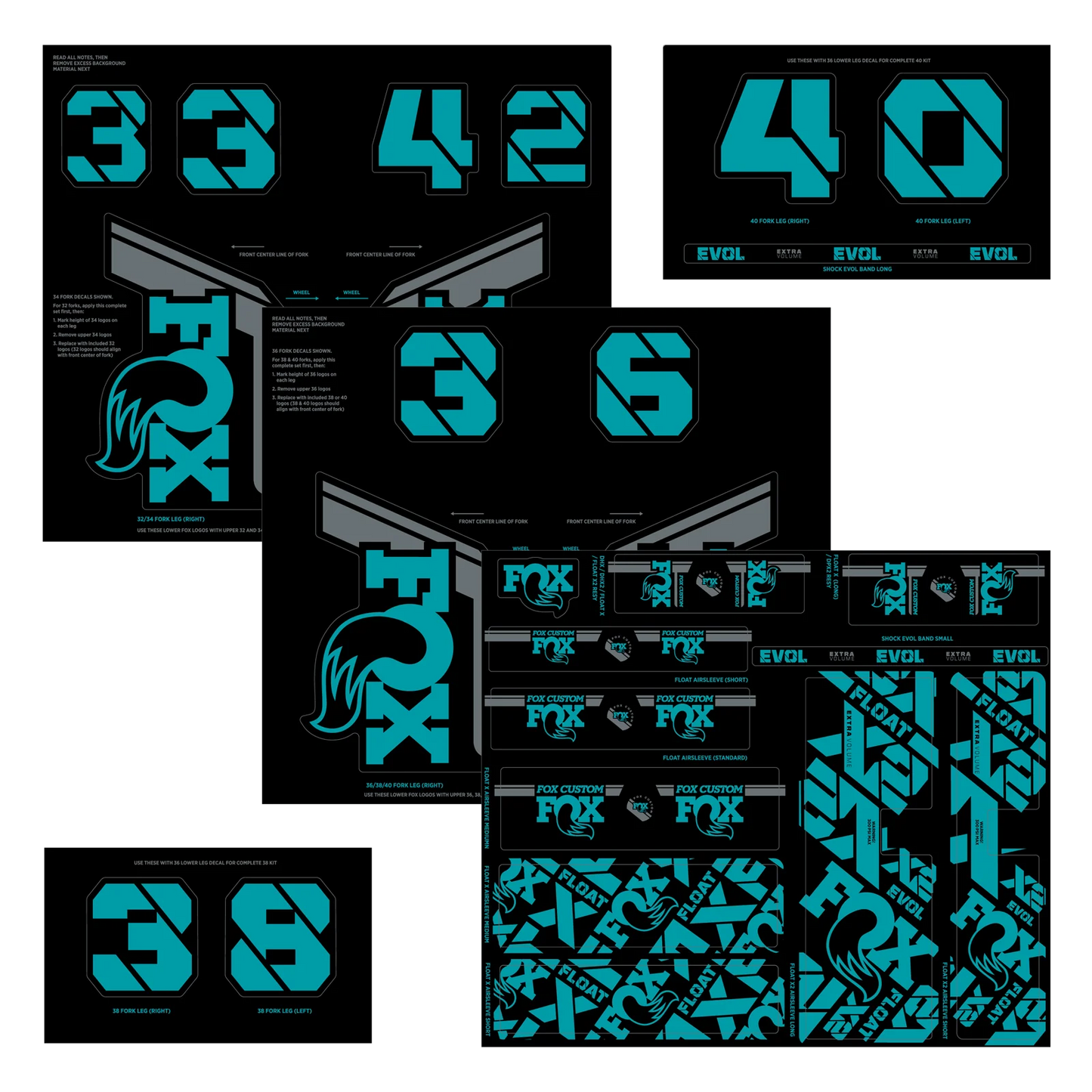 Turkoosi FOX haarukka ja iskunvaimennin tarrasarja
