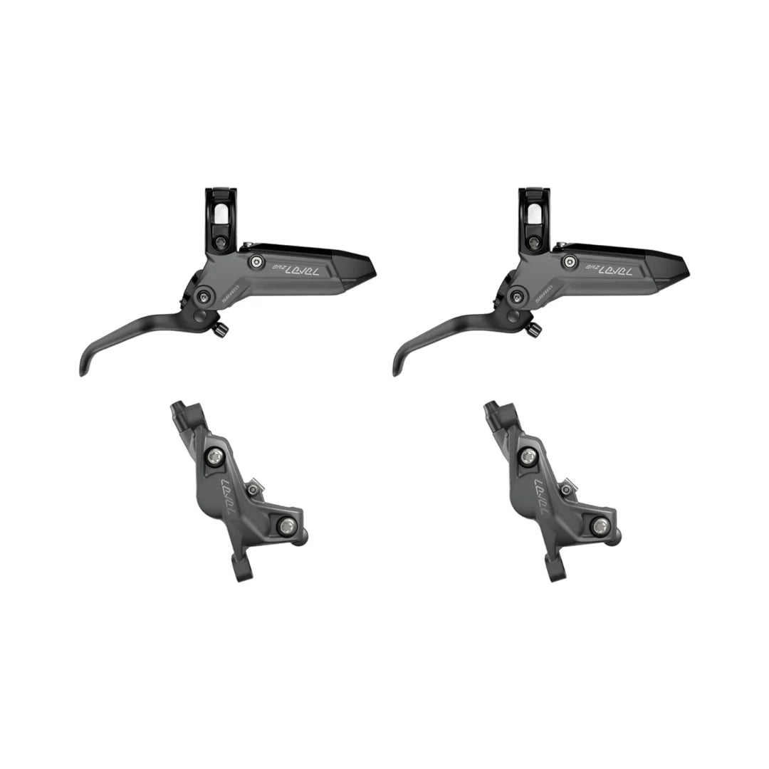 Pari SRAM LEVEL BRONZE STEALTH 4-mäntäisiä harmaita jarruja.