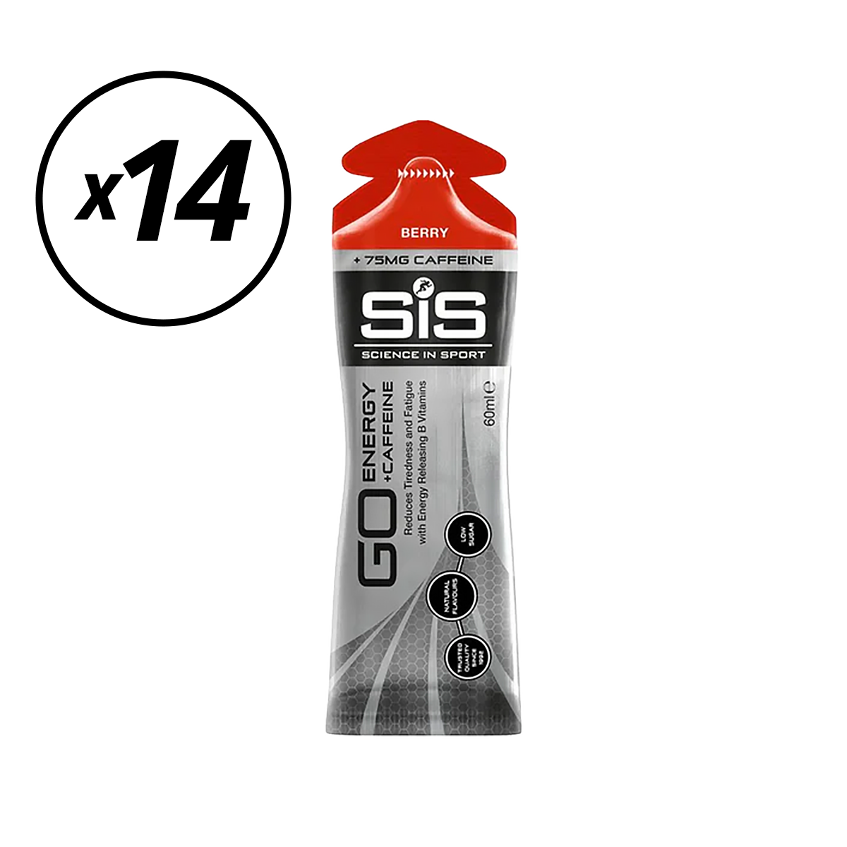 Pakkaus 14 SIS GO ISOTONIC ENERGY kofeiinigeeliä (60ml) Punainen hedelmä Lyhyt säilyvyysaika