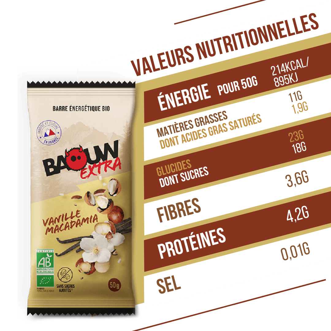 BAOUW ORGANIC EXTRA Vanilja-Macadamia energiapatukka (50g)