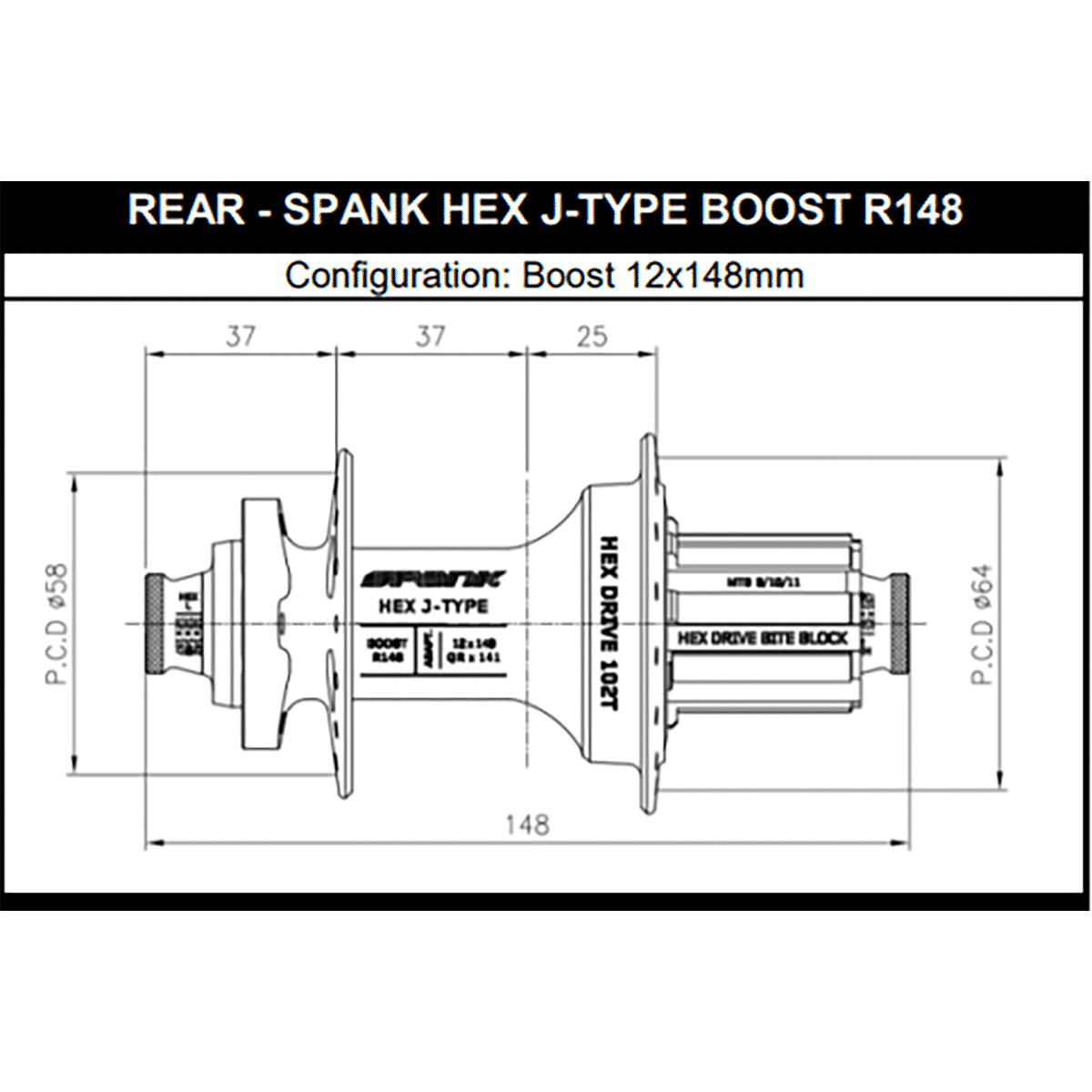 Moyeu Arrière SPANK HEX DRIVE 102T 12x148 mm Boost