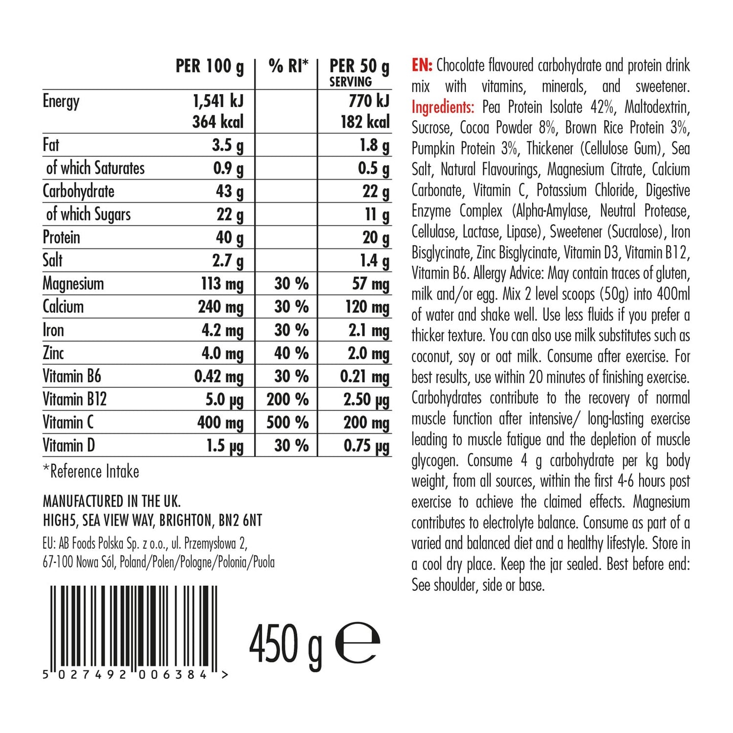 High5 KASVIPOHJAINEN PALAUTUSJUOMA (450g) Suklaa