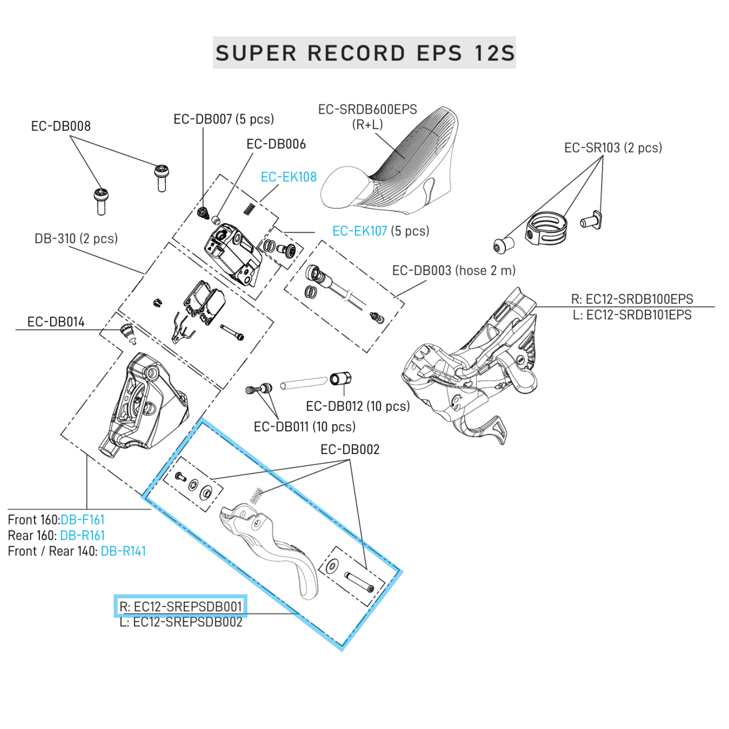 Yksivipuinen oikea jarru CAMPAGNOLO SUPER RECORD EPS 12V DISC