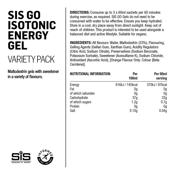 Pakkaus 7 gluteenitonta SIS GEL GO ISOTONIC -energiageeliä (60 ml).