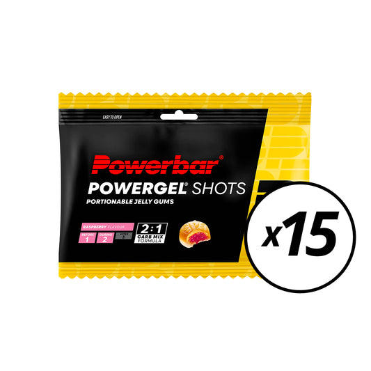 15 pakkausta POWERBAR POWERGEL Shots (60gr) vadelma - Lyhyt päivämäärä