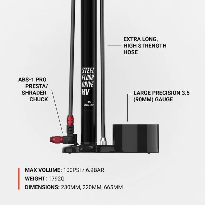 [Uusi 2025] LEZYNE STEEL FLOOR DRIVE 3.5 HV jalkapumppu musta