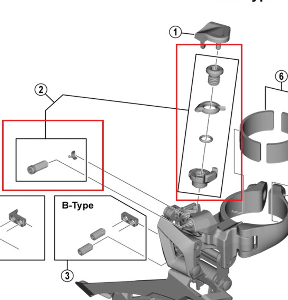 SHIMANO FD-R7100/U6030/5801/R7000/RX400 kaapelin säätö- ja kiristysruuvit