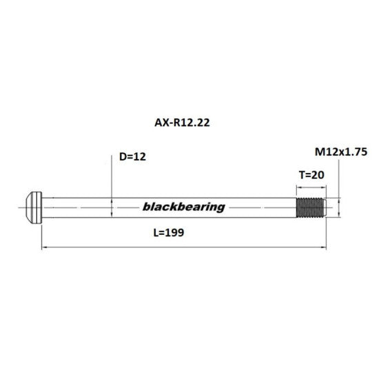 Axe de Roue Arrière BLACKBEARING 12x197mm (12mm-229-M12x1.75-20mm)