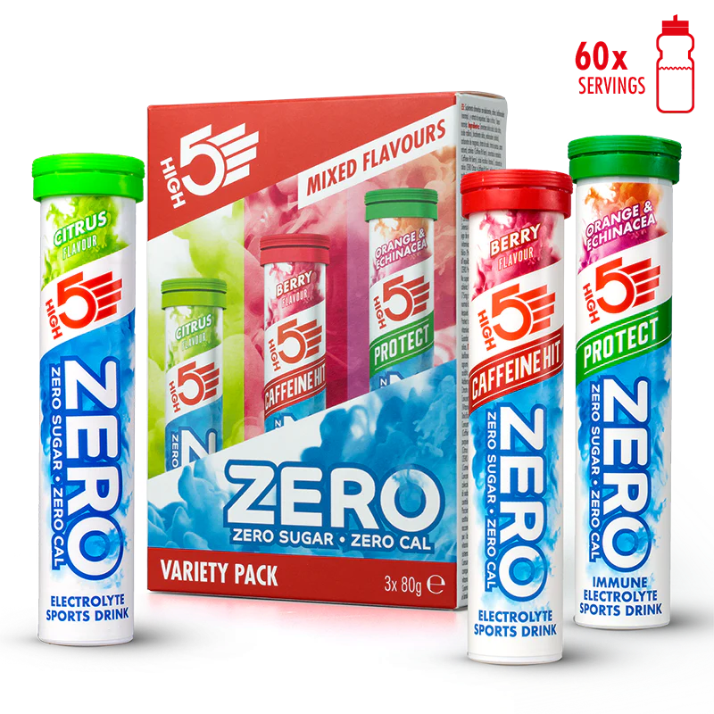 High5 ZERO VARIETY PACK Anticramp Drink (3 x 20 tabletin putki) Red Fruits Kofeiini / Sitruuna / Oranssi