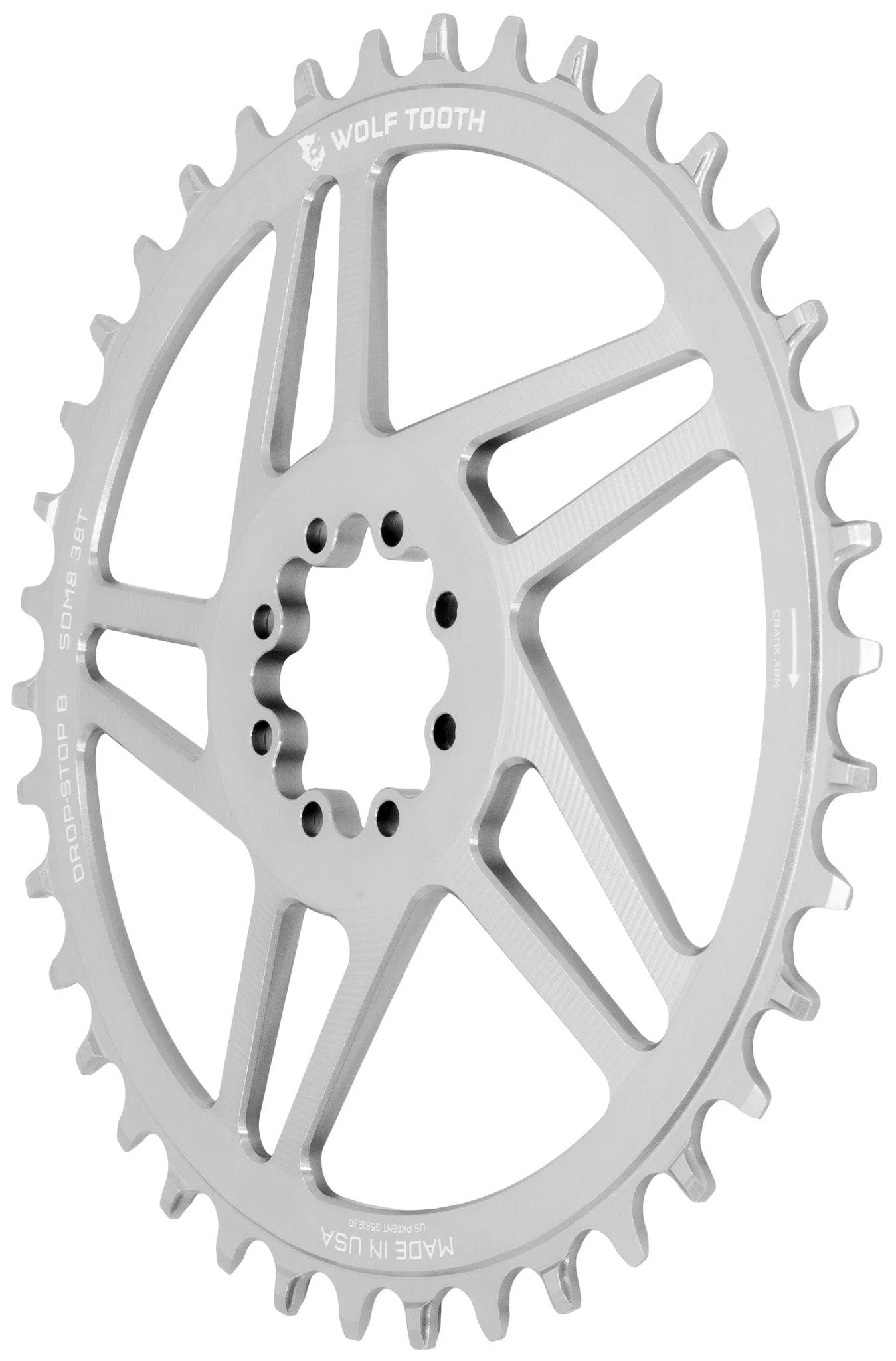 WOLF TOOTH GRAVEL Direct Mount SRAM 8 reikäinen Raw Silver Mono-ketjupyörä suoraan asennettuna