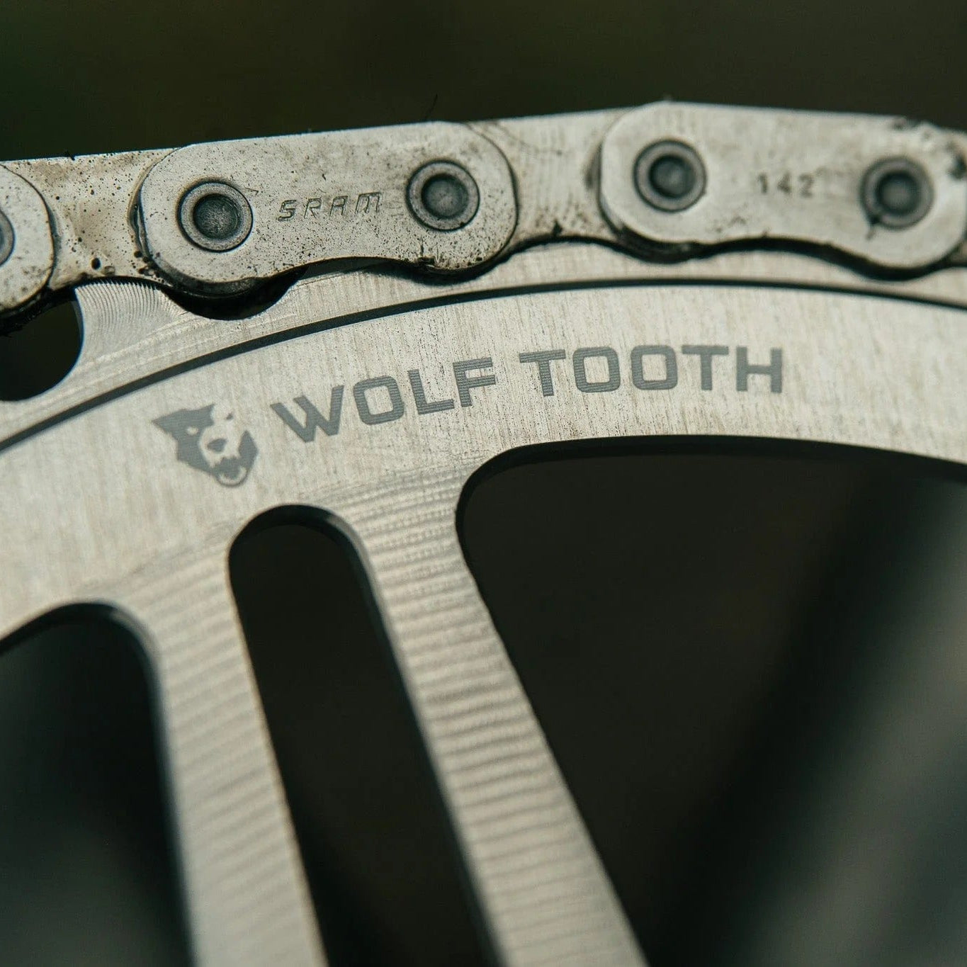 WOLF TOOTH GRAVEL Direct Mount SRAM 8 reikäinen Raw Silver Mono-ketjupyörä suoraan asennettuna