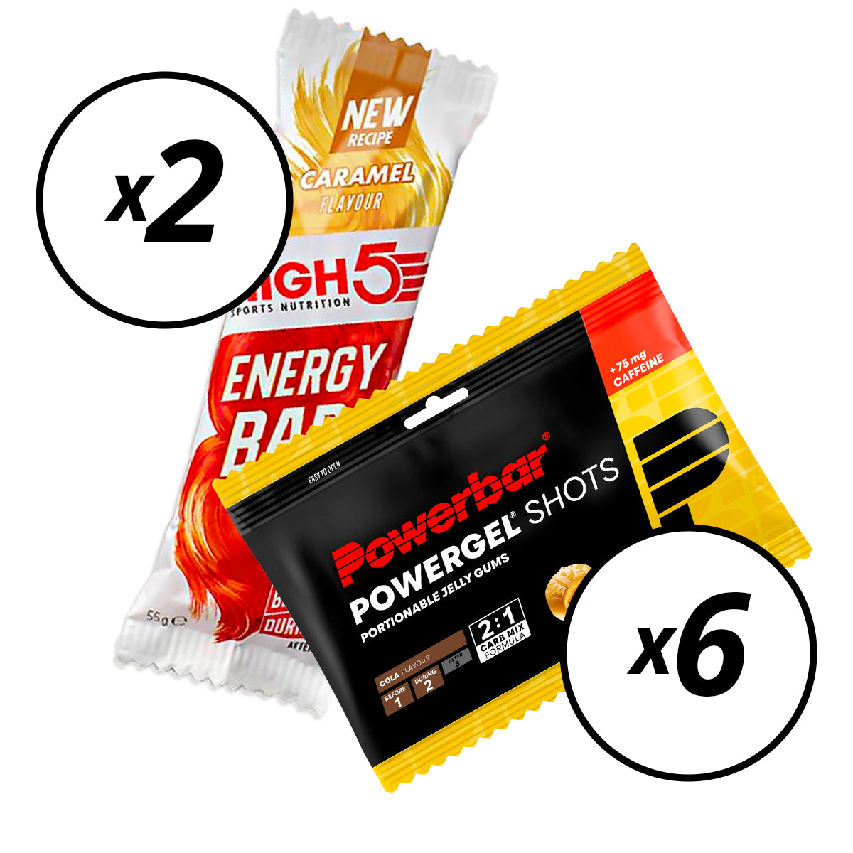 6 Bonbons POWERBAR POWERGEL Shots (60gr) Cola + 2 HIGH5 ENERGIAPATUKKA (55g) Karamelli)