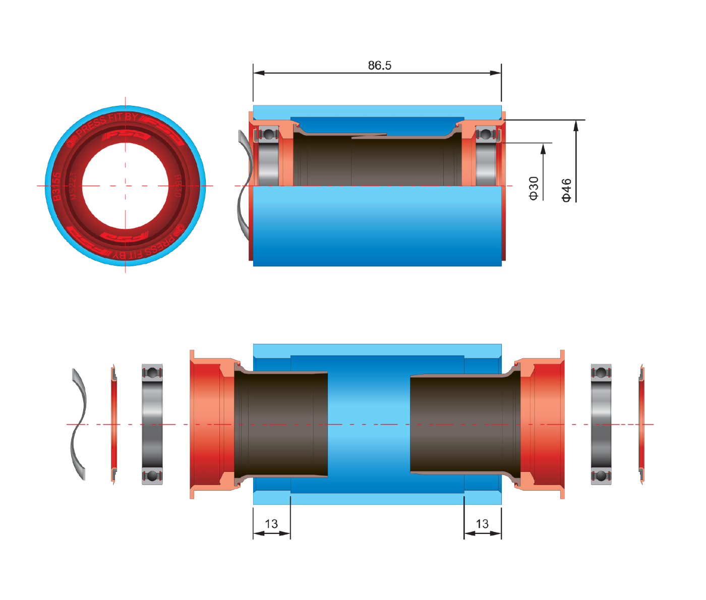 FSA PF30 BB30/BB386 kampiakseli 30mm 68-86.5mm akseli