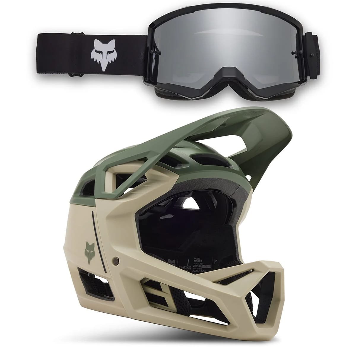 FOX Combo: PROFRAME CLYZO MIPS Beige/vihreä MTB-kypärä + FOX MAIN CORE SPARK Mask Musta 2024